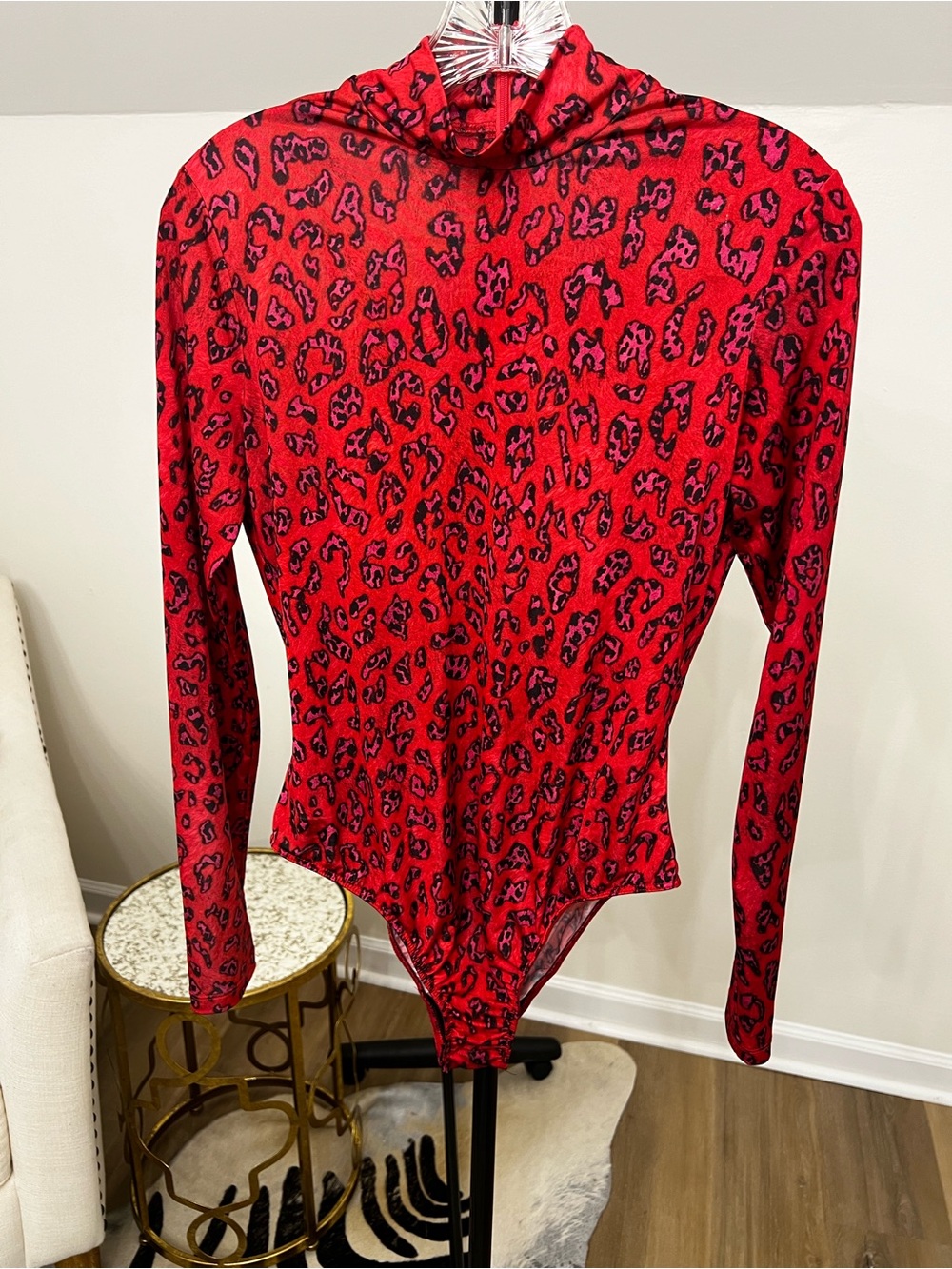 Women's Red Leopard Print Long-Sleeve Bodysuit